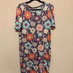 LuLaRoe Floral Midi Dress in Orange and Blue